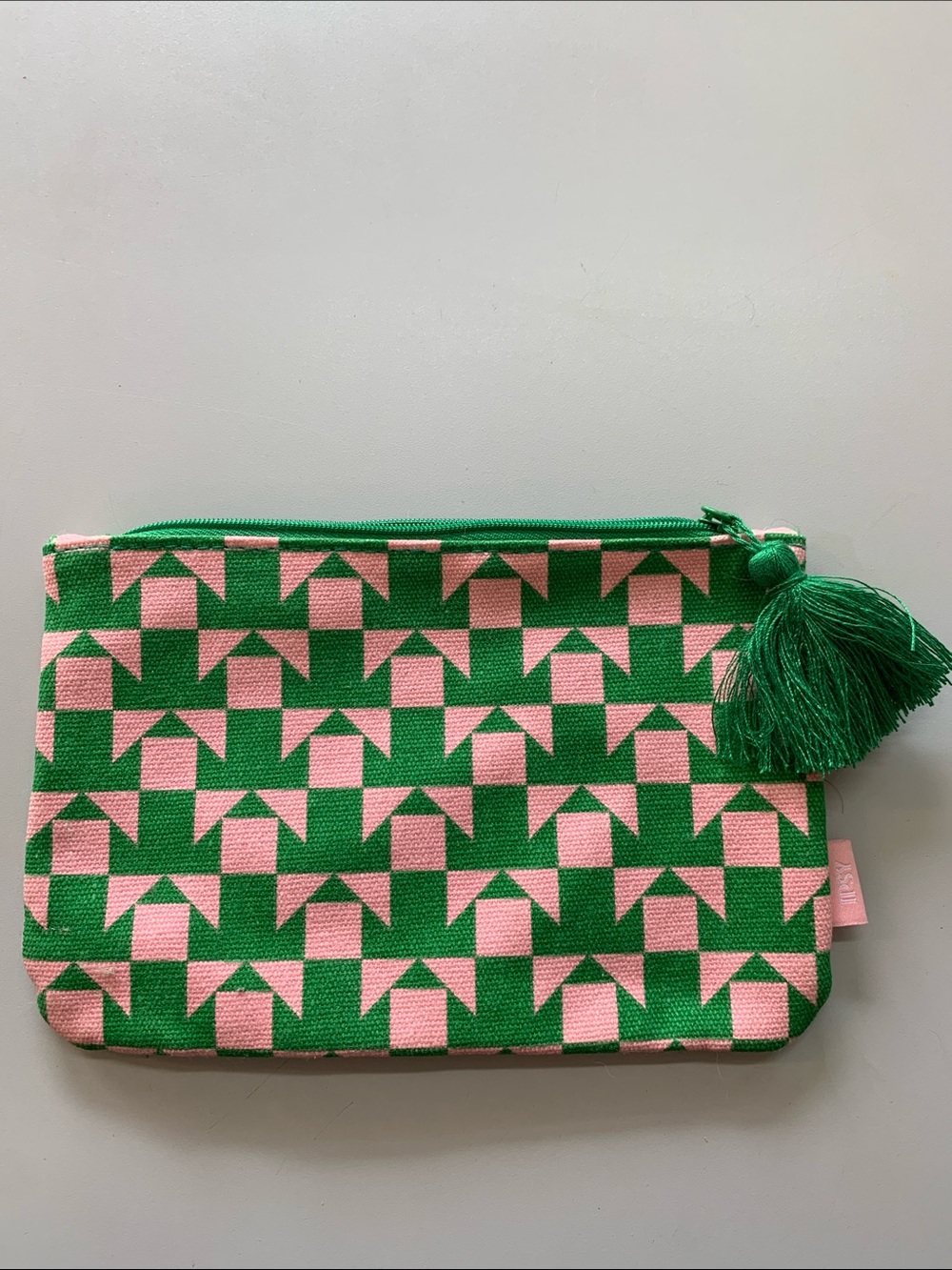 Green & Pink Geometric Canvas Pouch with Tassel